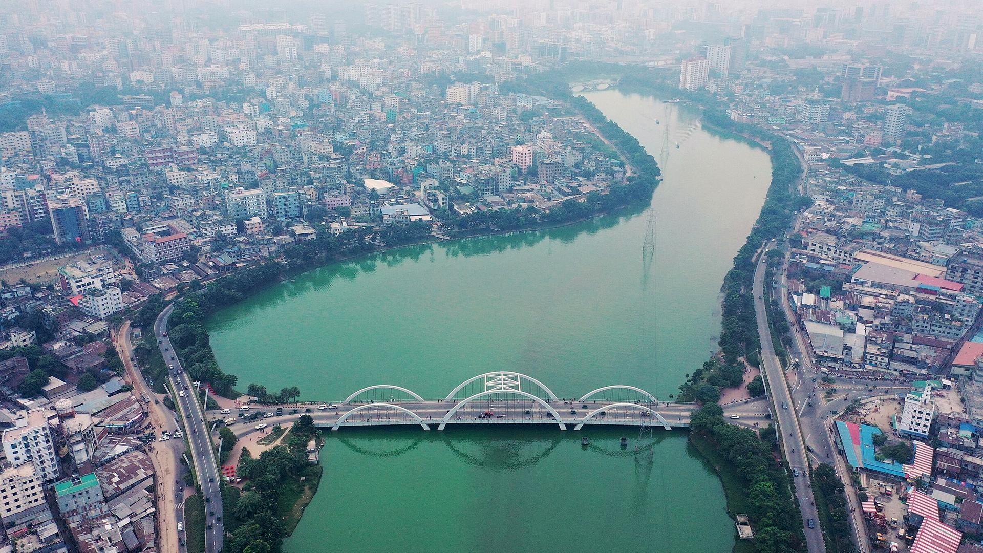 Aerial view of Hatirjheel lake and the Dhaka skyline